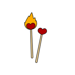 Two sticks with hearts on them and a flame