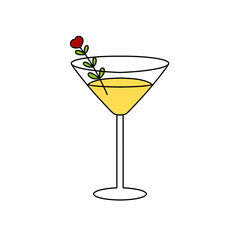A glass of alcohol with a rose stem in it