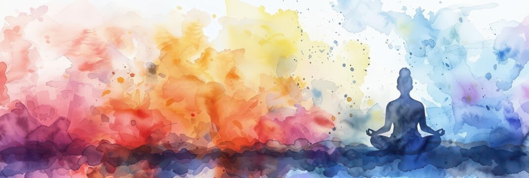 Serenity and peace: celebrating world meditation day with vibrant watercolor art. Horizontal banner. Copy space. International Day of Yoga. Watercolor illustration - Powered by Adobe