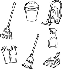Collection of Cleaning Tools Including Mop, Broom, Bucket, Vacuum Cleaner, Gloves, and Spray Bottle for Household Chores