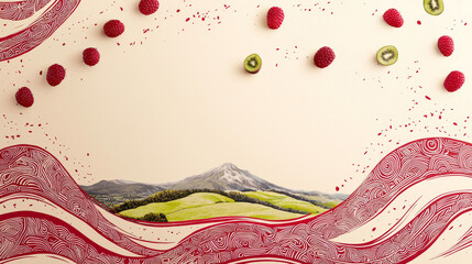 Lush green hill landscape with mountain and red patterned waves, whimsical fruit splatter