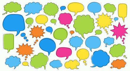Collection of colorful hand-drawn speech bubbles and thought clouds in various shapes and sizes, vector illustration