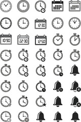 Collection of clock, calendar and stopwatch icons, digital time, analog time, notification bells, and time management symbols