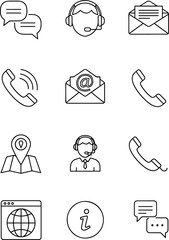 Collection of Communication and Contact Icons Featuring Chat Bubbles, Phone, Email, Location, and Customer Service Representative Icons