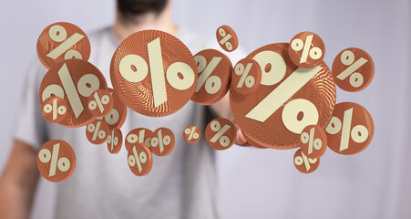 Dynamic image showing 3D percentage symbols hovering in front of a person. Perfect for illustrating...