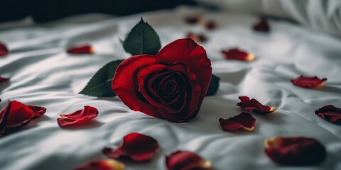 Heart shaped red rose and petals lying on white suede.