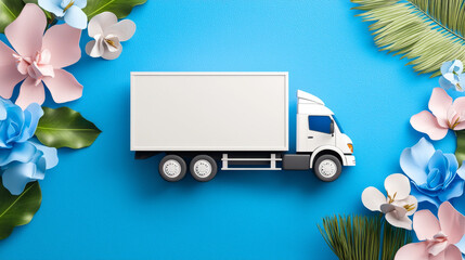 White delivery truck on blue background with tropical flowers and leaves, bright summer mood