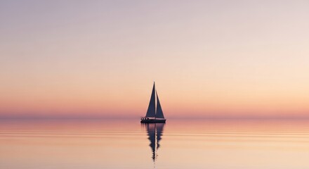 Fototapeta premium Lone Sailboat on Calm Water at Serene Sunset with Beautiful Reflection