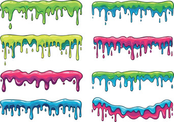 Create Slime borders. Colorful dripping jelly, liquid mucus, green and yellow, pink and blue toxic ooze, Halloween spooky decoration. Cartoon slimy goo. Vector isolated set with white background.