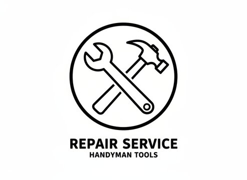 Handyman repair services logo with crossed hammer and wrench in a circle, black and white design for maintenance professionals.