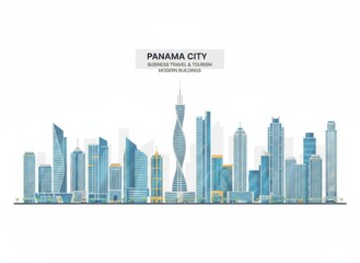 Fototapeta premium Panama City's Skyline: A modern cityscape featuring high-rise buildings against a bright white background for design and travel.