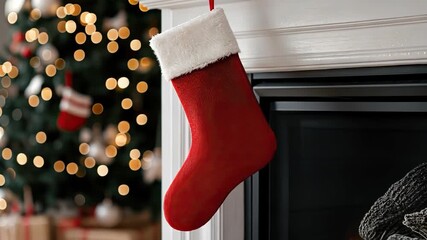 Red stockings are hung near a cozy fireplace, surrounded by twinkling lights and festive decorations for the holiday season
