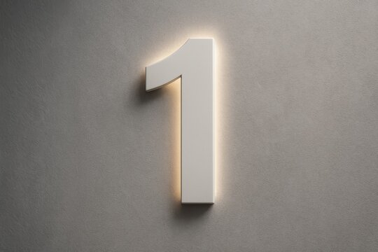 Illuminated number one on textured gray wall. Modern glowing wall sign for floor number or room indicator in contemporary interior design.