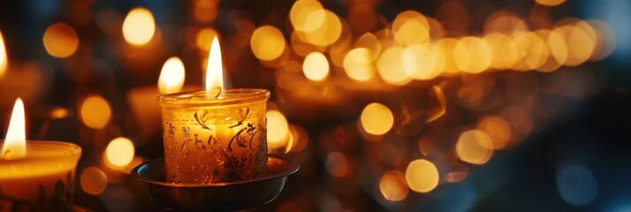 Warm glow of candlelight for orthodox christmas celebration. Horizontal banner. Copy space. Free space for text. Burning candles in Orthodox churh