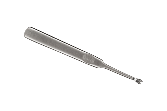 Stainless steel watch spring bar removal tool with textured flat handle is isolated.