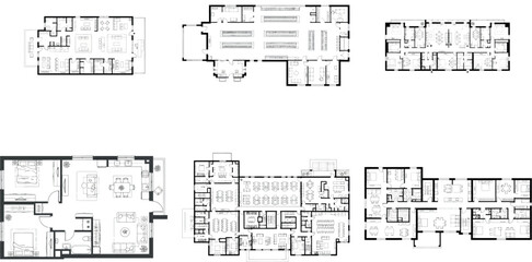 Collection of six different floor plans for residential buildings