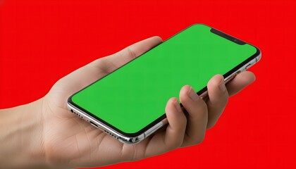 Hand holding smartphone with green screen on red background — realistic mockup for design presentation