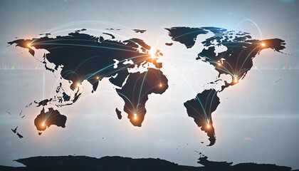 A computer generated world map with interconnected blockchain lines symbolizing the global reach and impact of this technology in protecting intellectual property