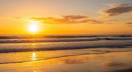 Fototapeta premium Golden Sunset Over Ocean Waves and Sandy Beach Landscape