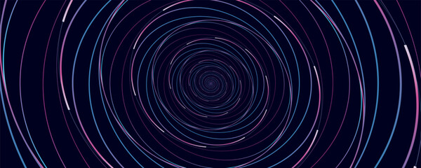 Abstract bright creative cosmic background. Hyper jump into another galaxy. Speed of light, neon glowing twisted lines in motion