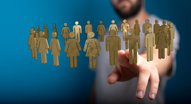 Abstract image of a hand interacting with a group of stylized human figures, representing concepts like community, teamwork, and unity in a mode