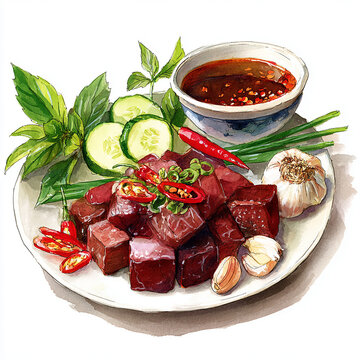 Hand painted watercolor Thai Isan raw beef dish Soi Ju served on a white plate with chili dipping sauce, traditional northeastern Thailand cuisine illustration isolated on white background