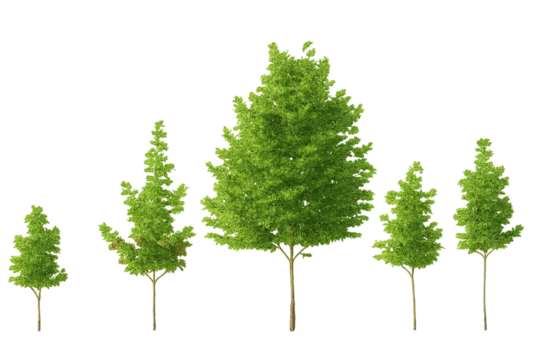 green tree isolated on white background - Five deciduous trees in ascending and descending height—green foliage comparison on transparent background