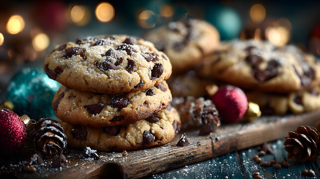 A cozy arrangement of chocolate chip cookies stacked on a wooden board, surrounded by pine cones, festive ornaments, and sprinkled with powdered sugar, evoking a warm holiday atmosphere.