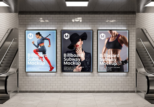 Three Billboards on Clean Underground Wall Mockup