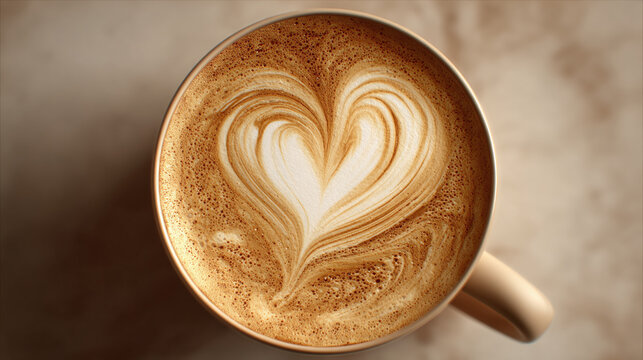 A close-up shot of a cappuccino, with beautiful heart-shaped latte art