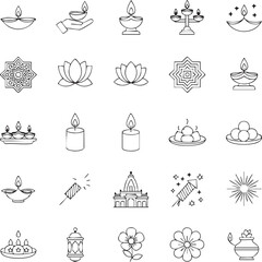 Diwali Festival Line Icons Set. Indian Culture and Celebration Outline Symbols (Diya Lamp, Lotus Flower, Temple, Mandala, Firecracker, Candles, Sweets).