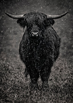 Black cow i rain.