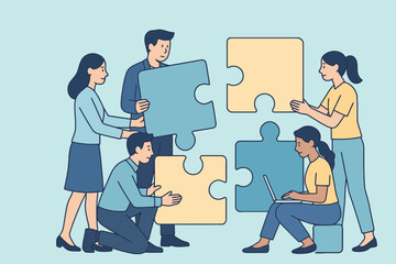 Diverse team of professionals collaborating and connecting puzzle pieces to achieve a common goal
