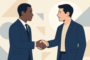 Obraz premium Two businessmen of different ethnicities shaking hands in a modern office setting with abstract background