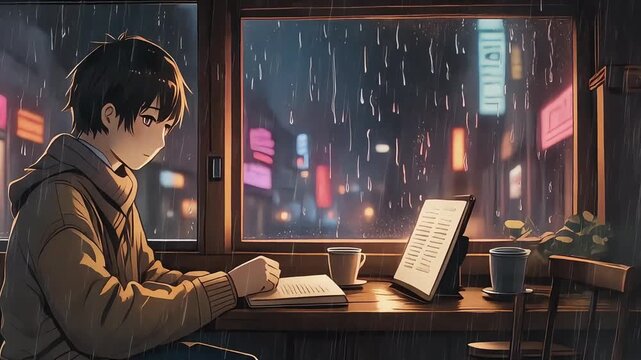 Anime Boy Studying in Cafe During Rainy Night with Laptop. 4K seamless loop wallpaper for stream overlays, relaxation visuals. Lo-fi. Lofi.