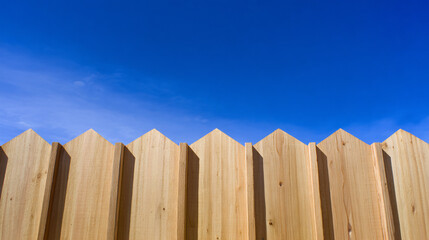 perfectly aligned and symmetrical tall wooden fence with chamfered tops with a blue sky. 