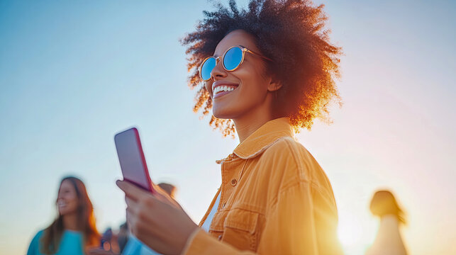 Vibrant young woman with afro hairstyle and stylish blue sunglasses, smiling joyfully while holding smartphone against warm, sun-kissed golden hour sky.