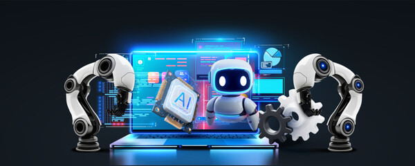 Futuristic AI robotics scene with robotic arms, cute robot assistant, AI chip and laptop dashboard, concept of automation and smart factory. AI robotics automation with robotic arms