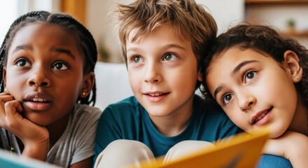 1. Title (Description) Close up portrait of diverse happy children listening to story at home. Cute African American girl and Caucasian boy looking with interest. Childhood, education and learning con