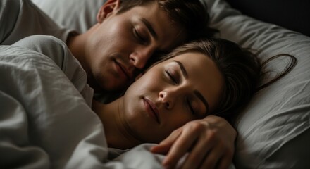 A tender moment captured in a warm, intimate atmosphere as a young couple sleeps soundly in a comfortable bed, embracing each other under the soft morning light.