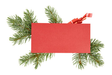 red christmas greeting card with frame of fir tree branches isolated on white or transparent png