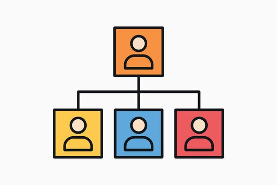 Simple organizational chart showing hierarchy and team structure with colorful boxes and people icons