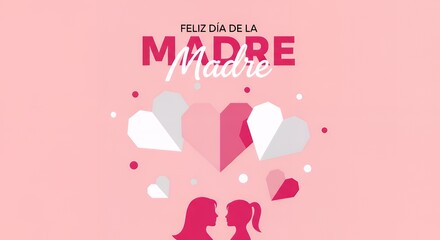 A vibrant pink graphic for Mother's Day, featuring "Feliz Día de la Madre" text, surrounded by geometric white and magenta hearts, and silhouettes of a mother and daughter below