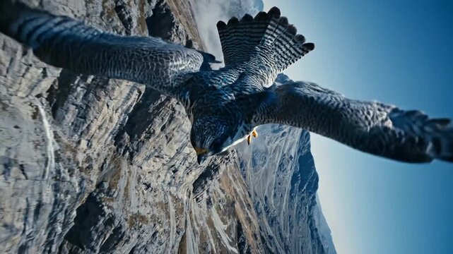 A majestic peregrine falcon in a steep dive, soaring past a rugged rock cliff face under a clear blue sky.