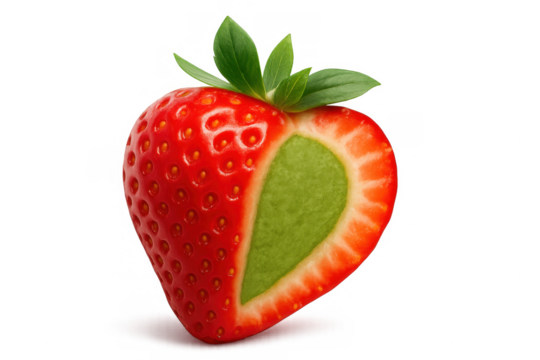 Strawberry cut revealing a vivid green heart shape inside, symbolizing love, health, and fresh fruit
