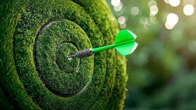 Green dart hitting bullseye center on moss-covered tree trunk in blurred forest