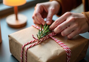 Macro shot of hands tying a fresh rosemary sprig onto a kraft paper gift with red and white twine under warm lamp glow.