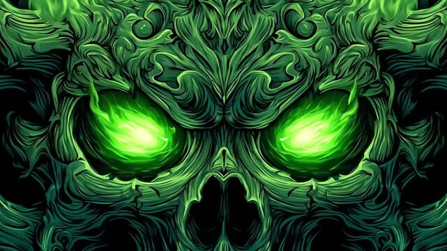 Green skull illustration with fiery eyes and intricate details on black