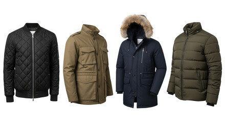 Four mens winter jackets and coats isolated on transparent background