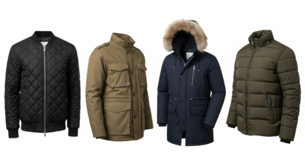 Four mens winter jackets and coats isolated on transparent background